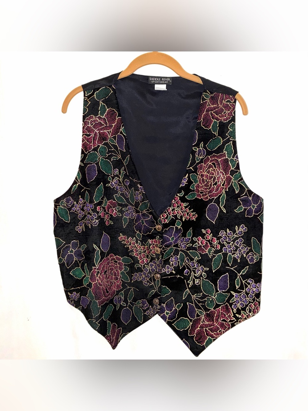 Vtg Saddle River Floral Jacquard Vest Black with Purple & Green Floral Size L